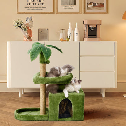 31.5" Cat Tree Cat Tower for Indoor Cats with Green Leaves, Cat Condo Cozy Plush Cat House with Hang Ball and Leaf Shape Design, Cat Furniture Pet House with Cat Scratching Posts,Beige