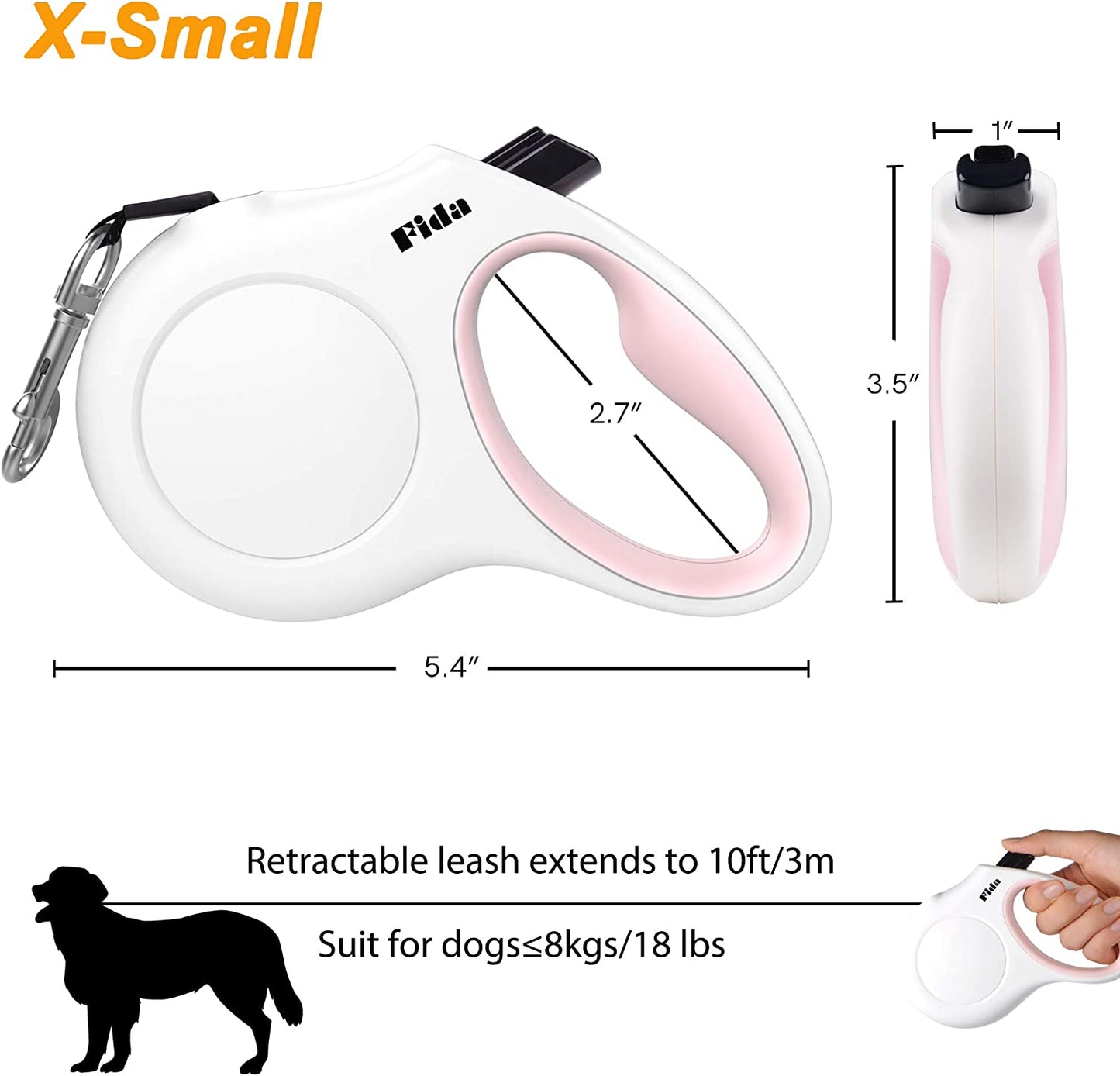Retractable Dog Leash with Dispenser and Poop Bags, 10 Ft Pet Walking Leash for X-Small Dog or Cat up to 18 Lbs, Anti-Slip Handle, Tangle Free, Reflective Nylon Tape (XS, White)