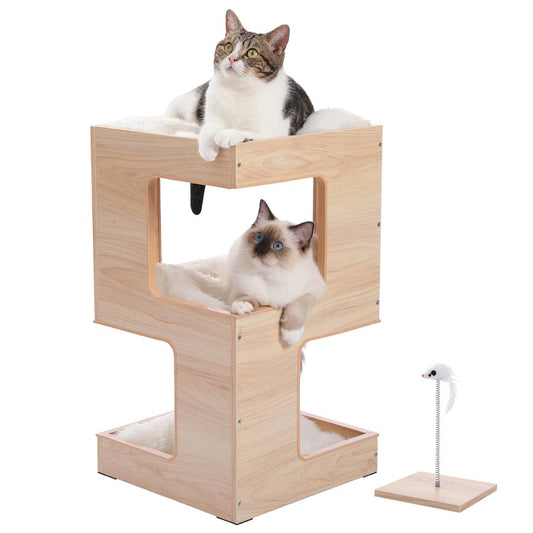 23" Wood Cat House Furniture for Indoor Cats, Modern Cat Tree Tower Bed with Free Cat Toy, Scratching Pad and Removable Soft Mats, Small Cat Condo, Brown