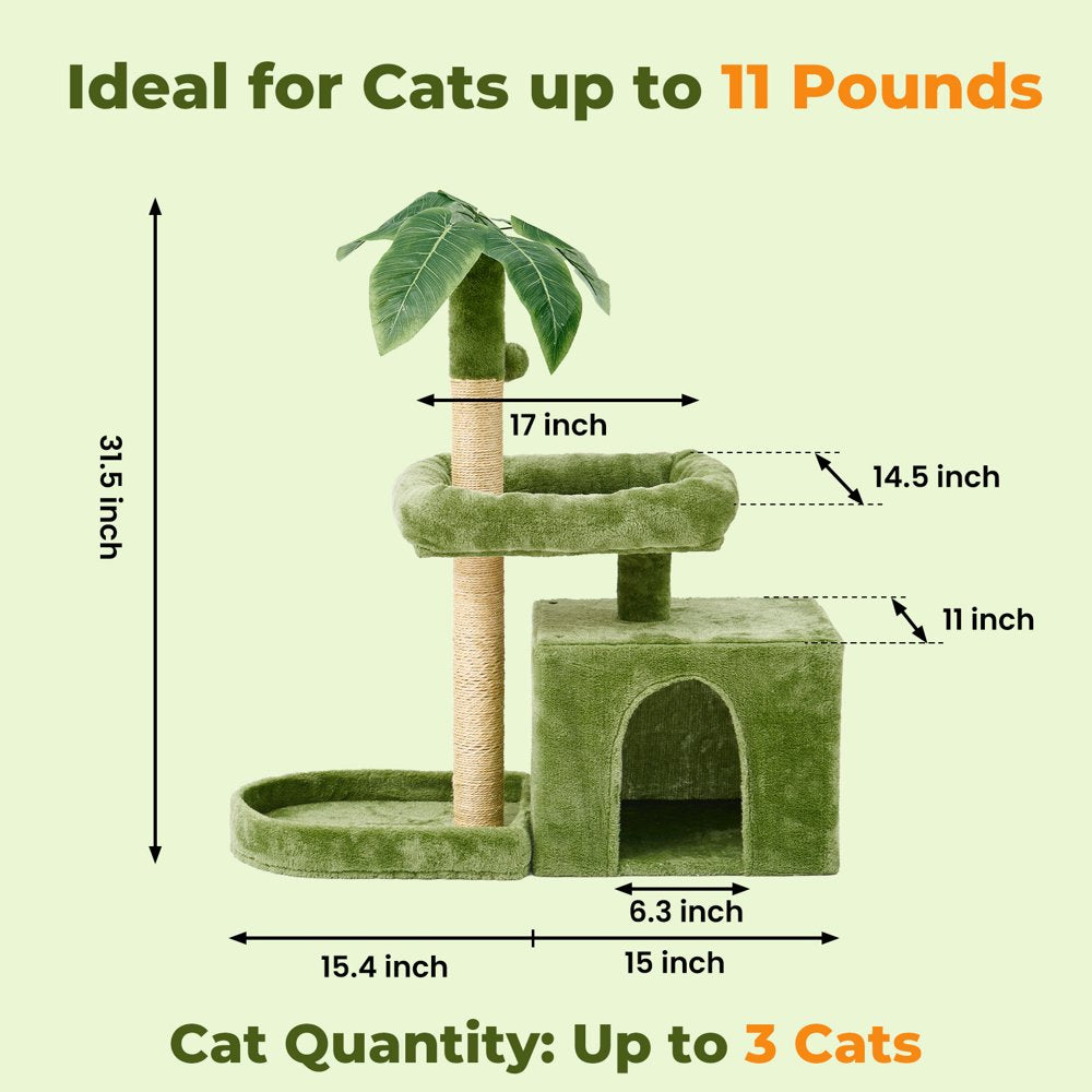 31.5" Cat Tree Cat Tower for Indoor Cats with Green Leaves, Cat Condo Cozy Plush Cat House with Hang Ball and Leaf Shape Design, Cat Furniture Pet House with Cat Scratching Posts,Beige